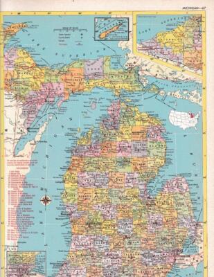 1953 Vintage Michigan Map / 9x12 Great For Wall Art / 70+ years old