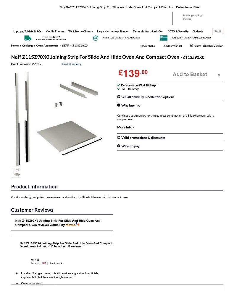 Neff Z11SZ90X0 Joining Strip For Slide & Hide Oven and Compact Oven