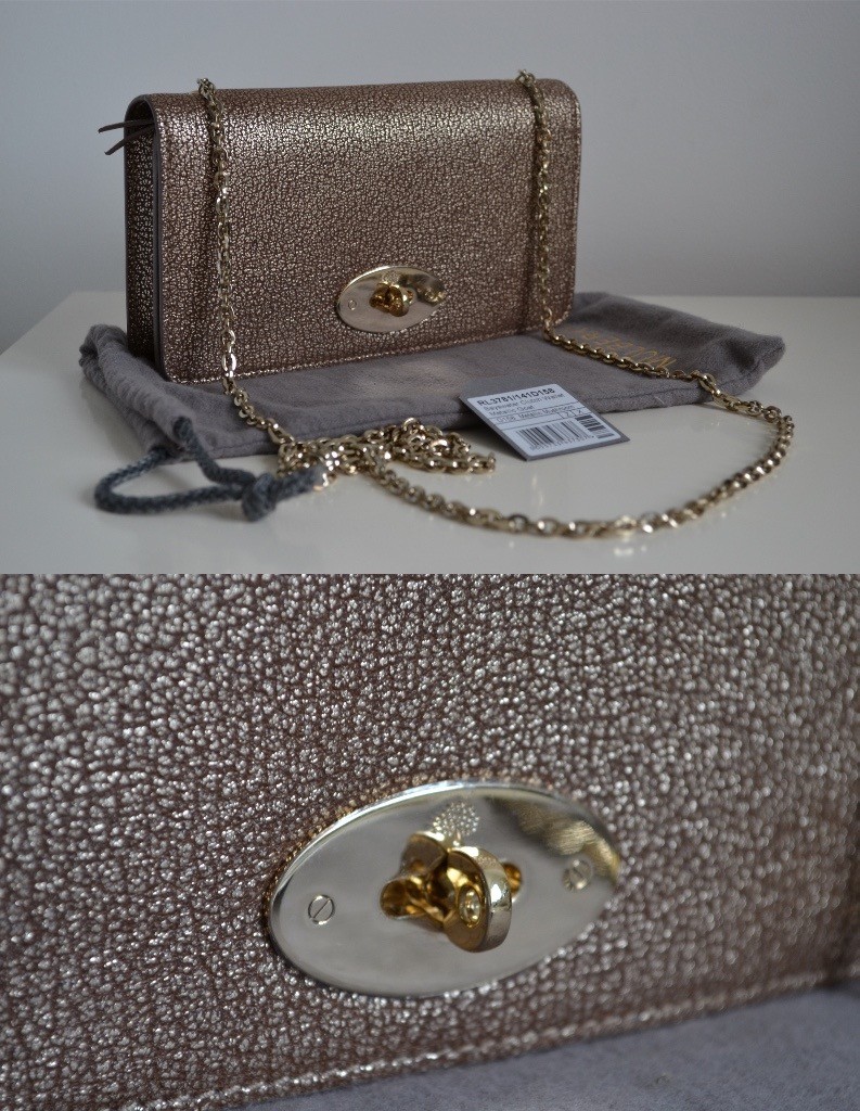 MULBERRY BAYSWATER CLUTCH WALLET BAG METALLIC MUSHROOM GOAT LEATHER WITH GOLD CHAIN in