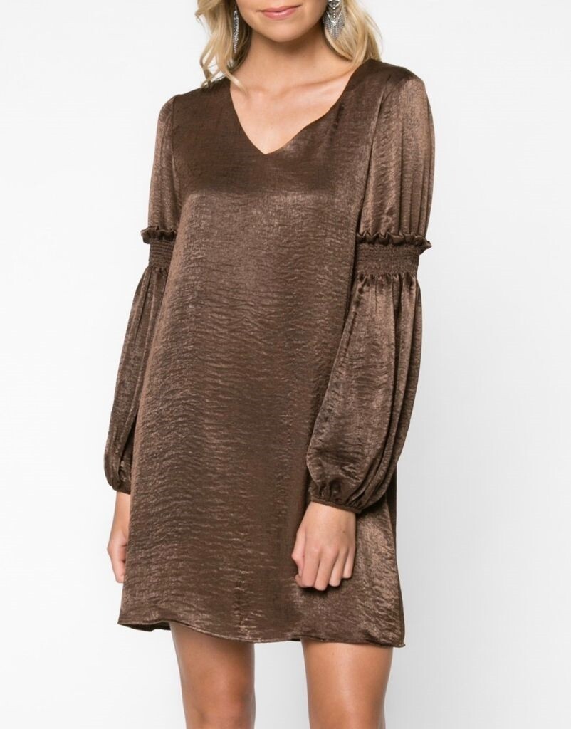 Everly 155645 Women's Shiny Shift Dress Long Sleeve V-Neck Brown Sz. Small