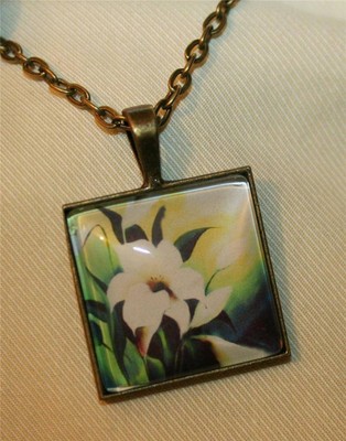 FUN! Lovely Squared Silvertone Muted Lily Iris Flower Greenery Pendant Necklace