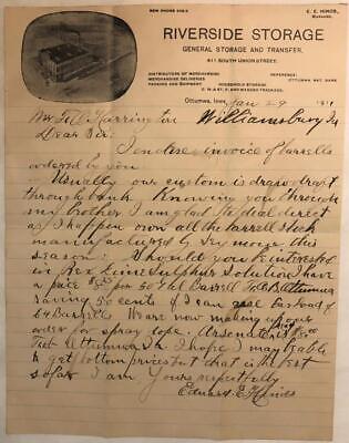 Riverside Storage Ottumwa 1911 Letter & Env. to F.O. Harrington Williamsburg, Ia