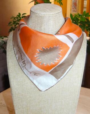 Michael Murray square scarf; coral, white, taupe, tan; 20 x 21; SILK?
