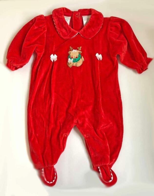 Vintage Footed Romper Red Velvet Velour Reindeer Koala Baby Small 0-3m Jumpsuit
