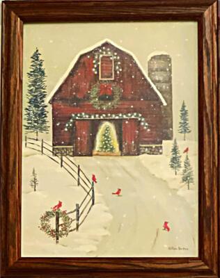 Pam Britton  Framed Open Edition Christmas Print Holiday Barn (14.5x18.5)