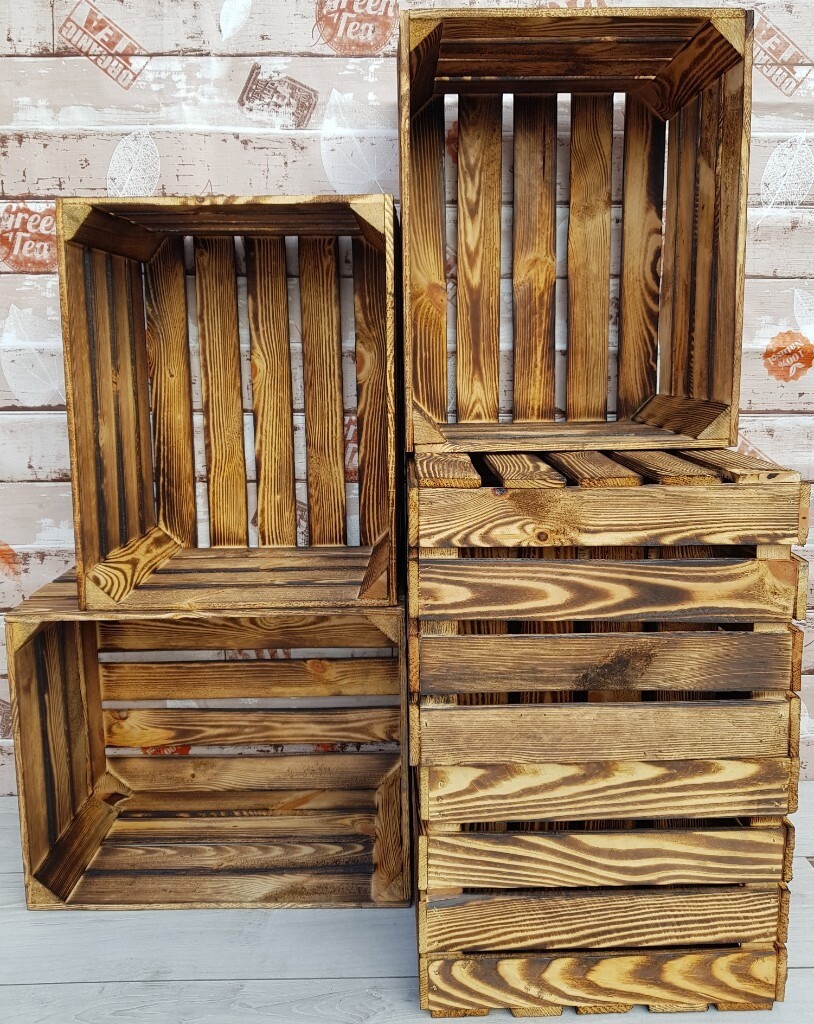 6 Strong&Solid Vintage Wooden Fruit Apple Crates Boxes BUR EFFECT