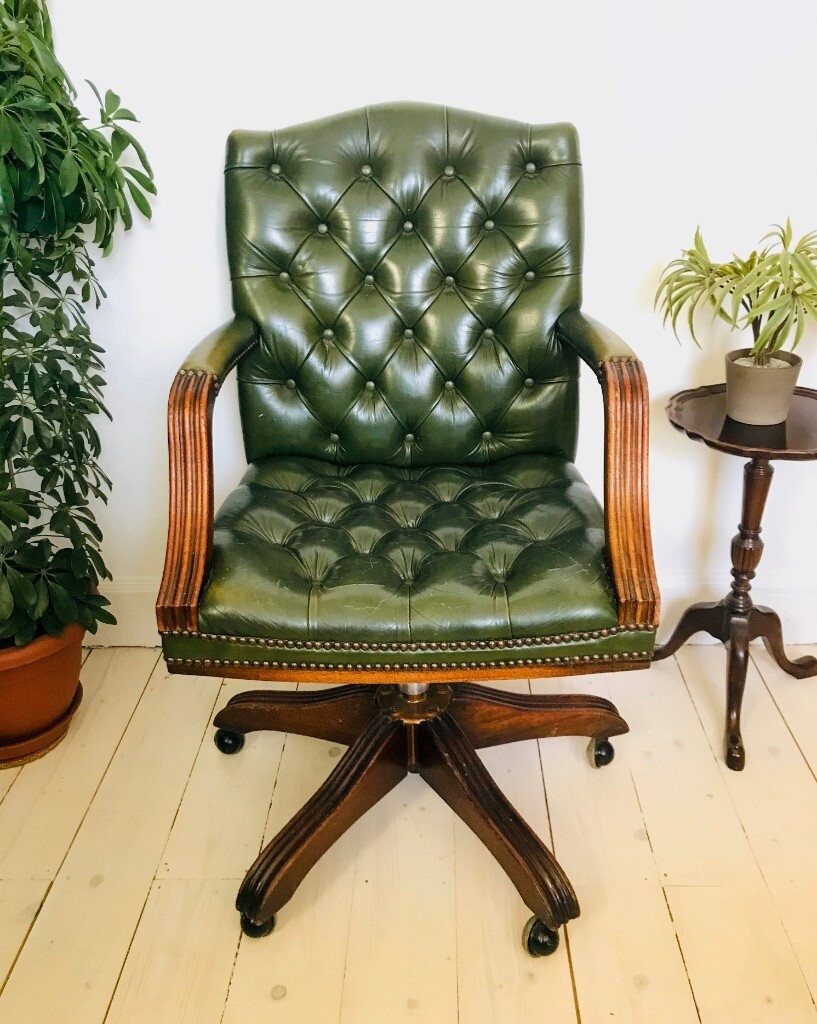 Vintage Green Leather Chesterfield Captain's Chair in Polwarth