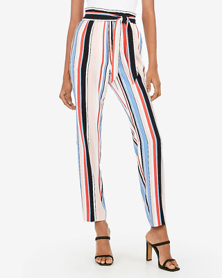 EXPRESS High Waist Vertical Striped Sash Tie Paperbag Ankle Pants Womens Size S