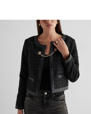 new EXPRESS cropped tweed chain front faux leather  blazer jacket s small