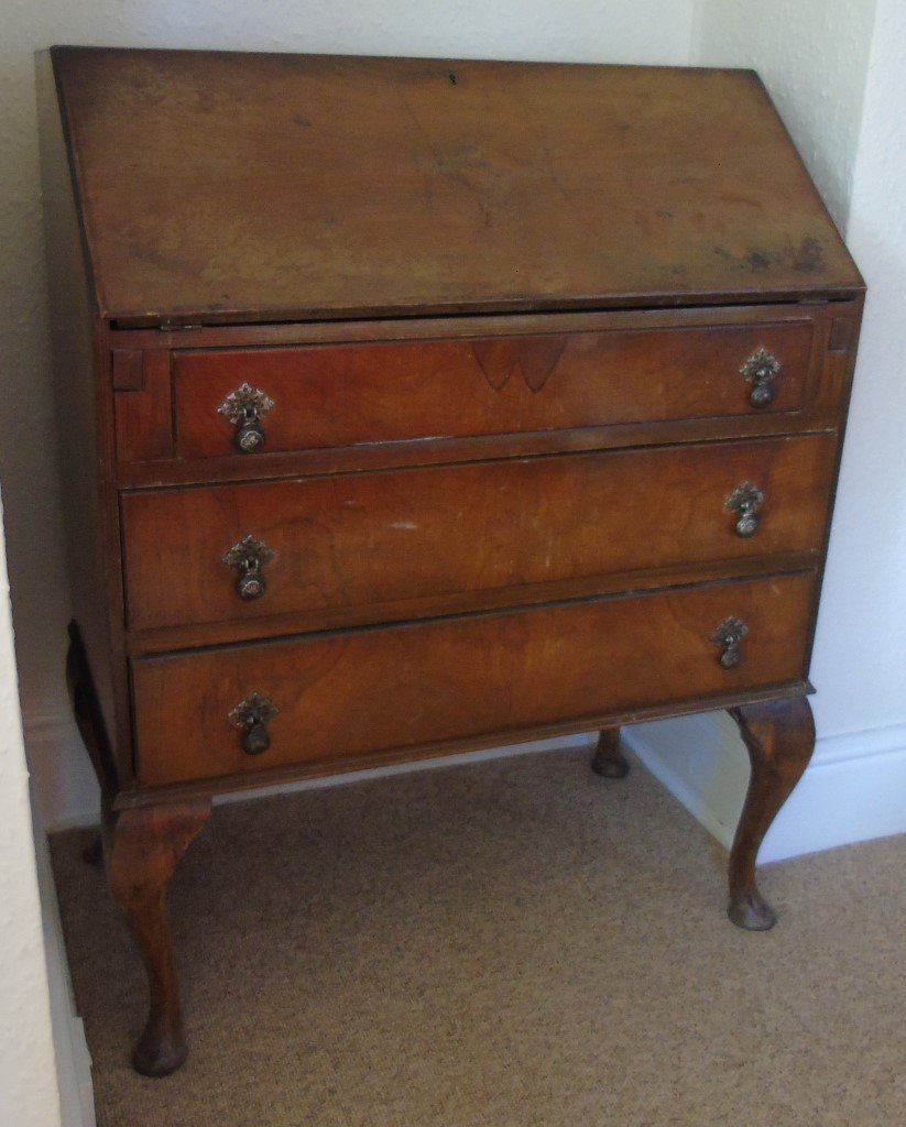 Vintage Bureau / Writing Desk. 3 Drawer with Drop Handles. Cabriole