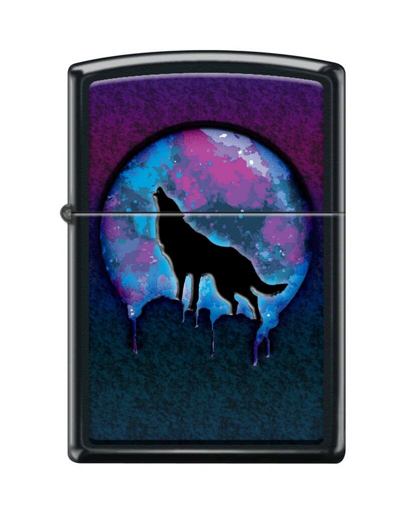 Zippo 82240 wolf howling at night full moon paint splatters
