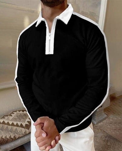 ⭐⭐Polo Hombre Cremallera Cuello Manga Larga Negro Blanco Golf Camiseta deportiva