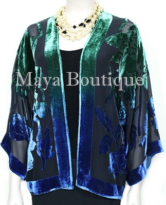 Pre-owned Maya Matazaro Silk Velvet Jacket Short Kimono No Fringe Hand Dyed Green Blue