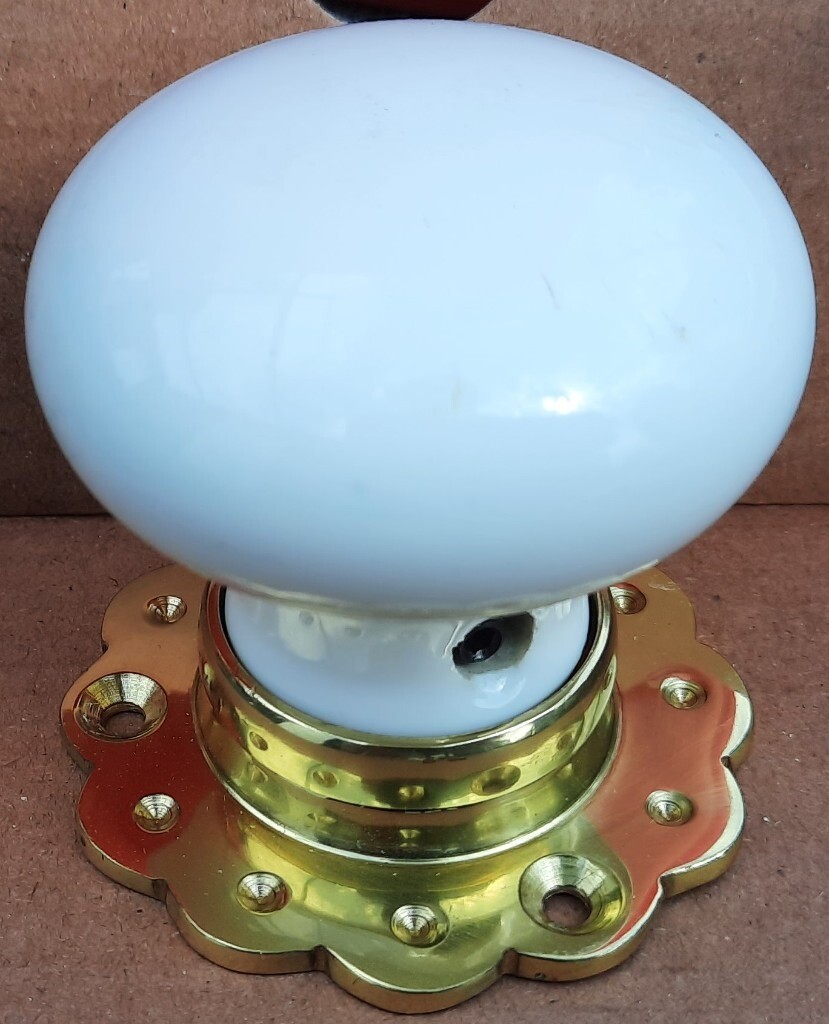 9 x White Porcelain Door Knobs with Polished Brass Rose Backplate in