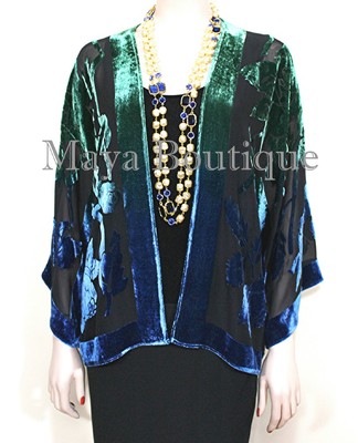 Pre-owned Maya Matazaro Silk Velvet Jacket Short Kimono No Fringe Hand Dyed Green Blue