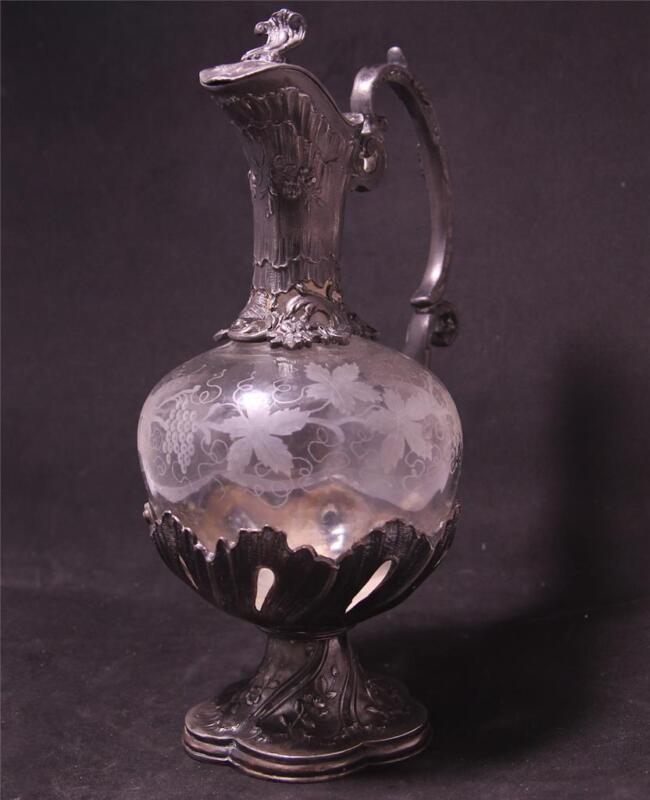 Antique French Etched Glass Carafe/Decanter w/Ornate Pewter Mounts c.1880s