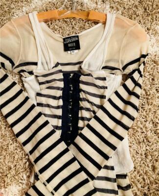 Vintage Jean Paul Gaultier Navy Striped Mesh Long Sleeve Top