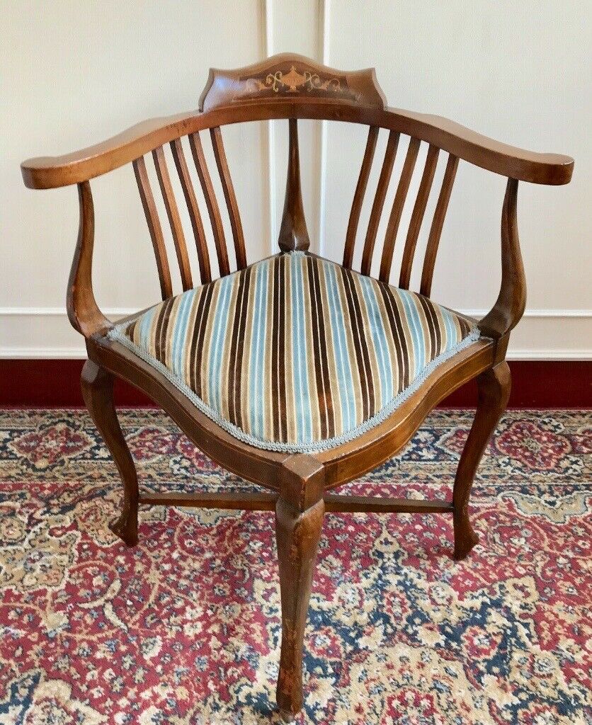 Antique Edwardian Velvet Striped Upholstered Inlaid Period