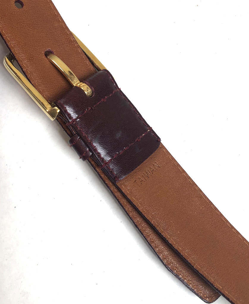 Christian Dior Men's Vintage Leather Belt Taiwan 32 S XS Burgundy Brown Gold f5p
