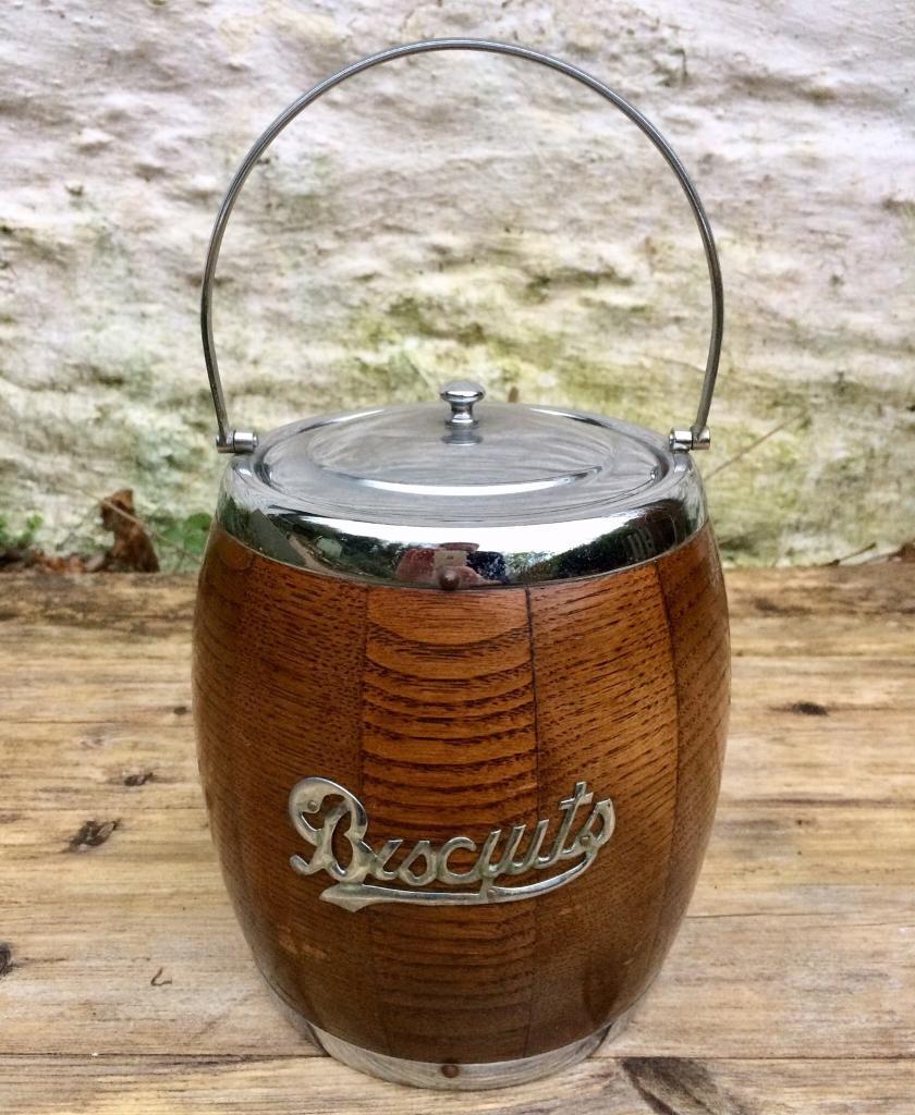 Antique vintage Edwardian oak biscuit barrel exceptional condition