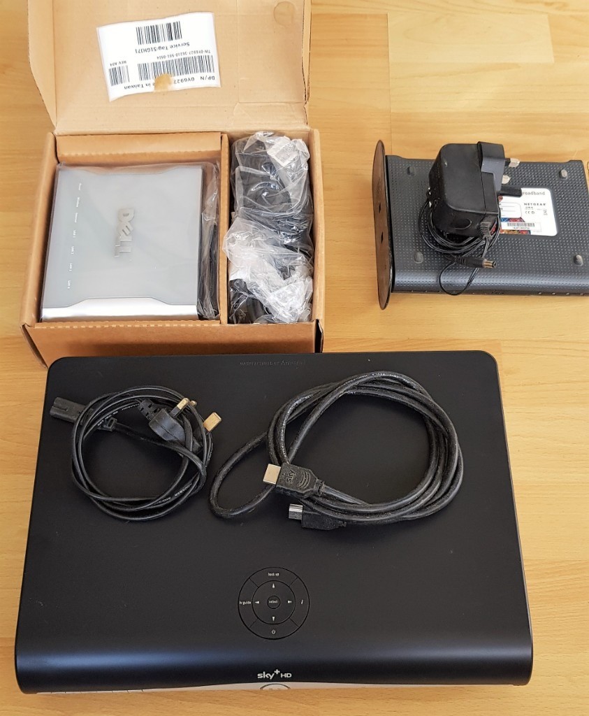 SKY+HD Device (250GB), HDMI cable, power cord, 2 x Routers