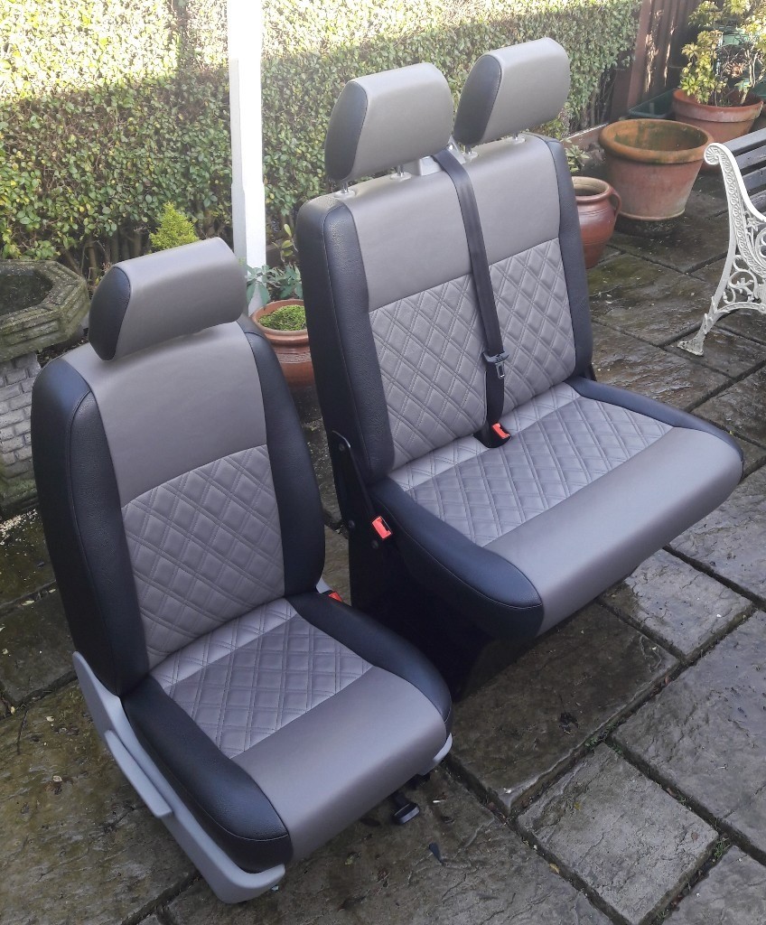 VW TRANSPORTER T5 BLACK & DARK GREY LEATHER FRONT SEATS Double Bentley