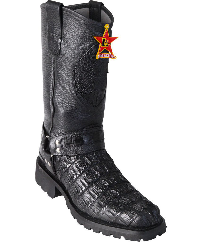 Pre-owned Los Altos Boots Los Altos Black Caiman Crocodile Tail Motorcycle Boots Square Toe Biker D