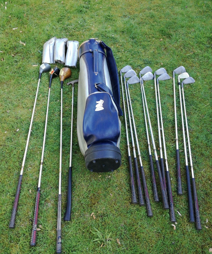 Vintage golf clubs with bag. Woods, irons, putter etc. Prosimmon Pro
