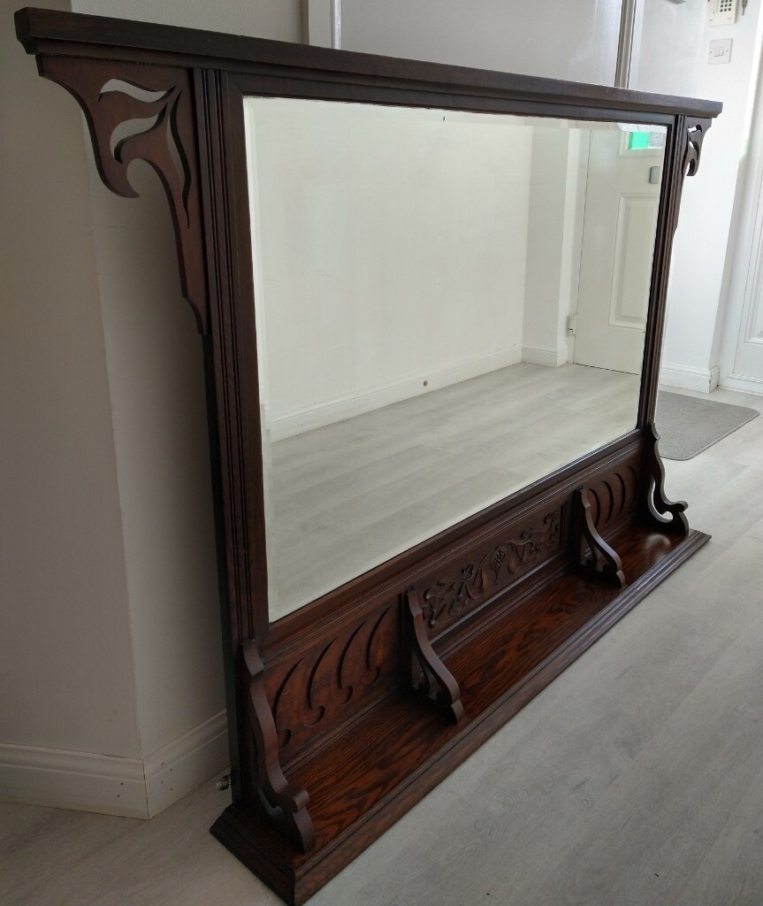 Large Vintage Antique OverMantle Wall Mirror Shelf Oak Victorian / Edwardian Overmantle in