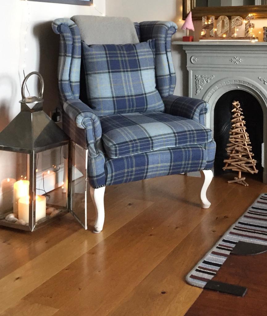 Striking Blue Plaid Upholstered Wing Back Chair in Fowey, Cornwall