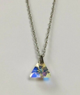 Crystal Aurore Boreale Austrian Art #6628 Triangle Pendant Silver Chain Necklace