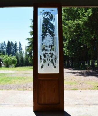 85'' Tall Antique French Etched Glass Pine Door Frosted Glass With Flowers