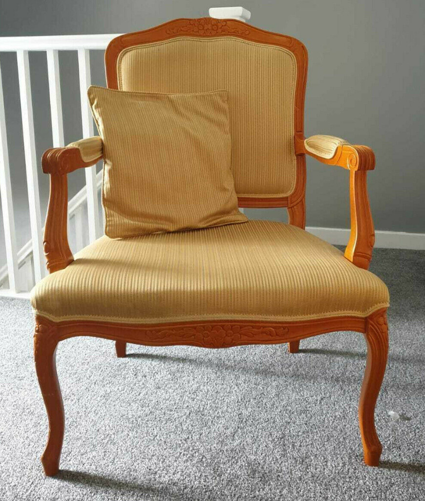 WOODEN QUEEN ANNE GOLD CHAIRS WITH NEW GOLDEN STRIPED UPHOLSTERY FABRIC