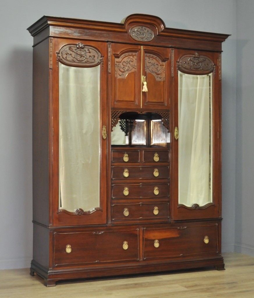 Large Antique Victorian Carved Mahogany Mirror Door Triple Combination