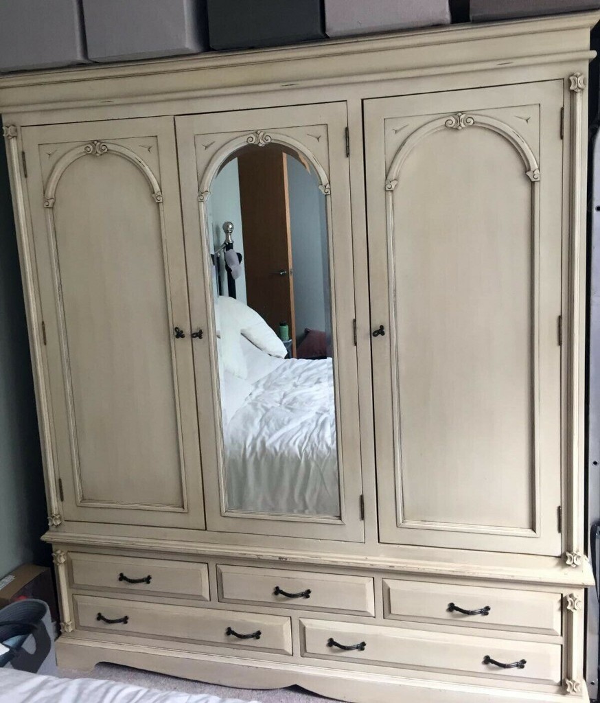 Victorian Style Shabby Chic Triple Pine Wardrobe Cream Mirrored Large