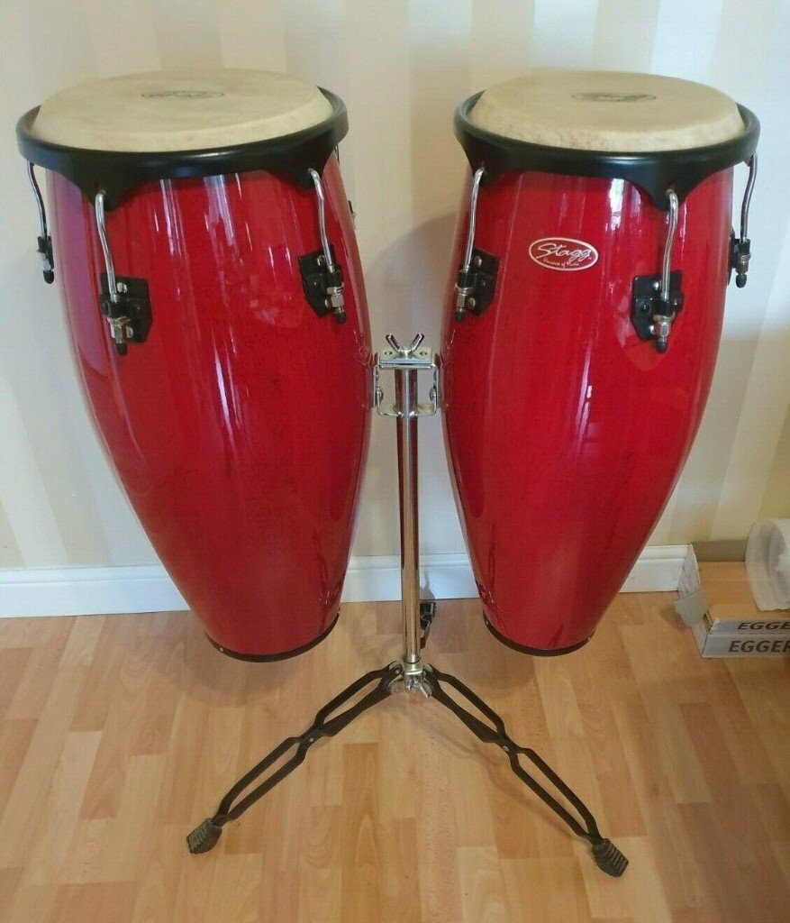 Stagg Conga Drums on Stand Cherry Red Lacquered 10in + 11in