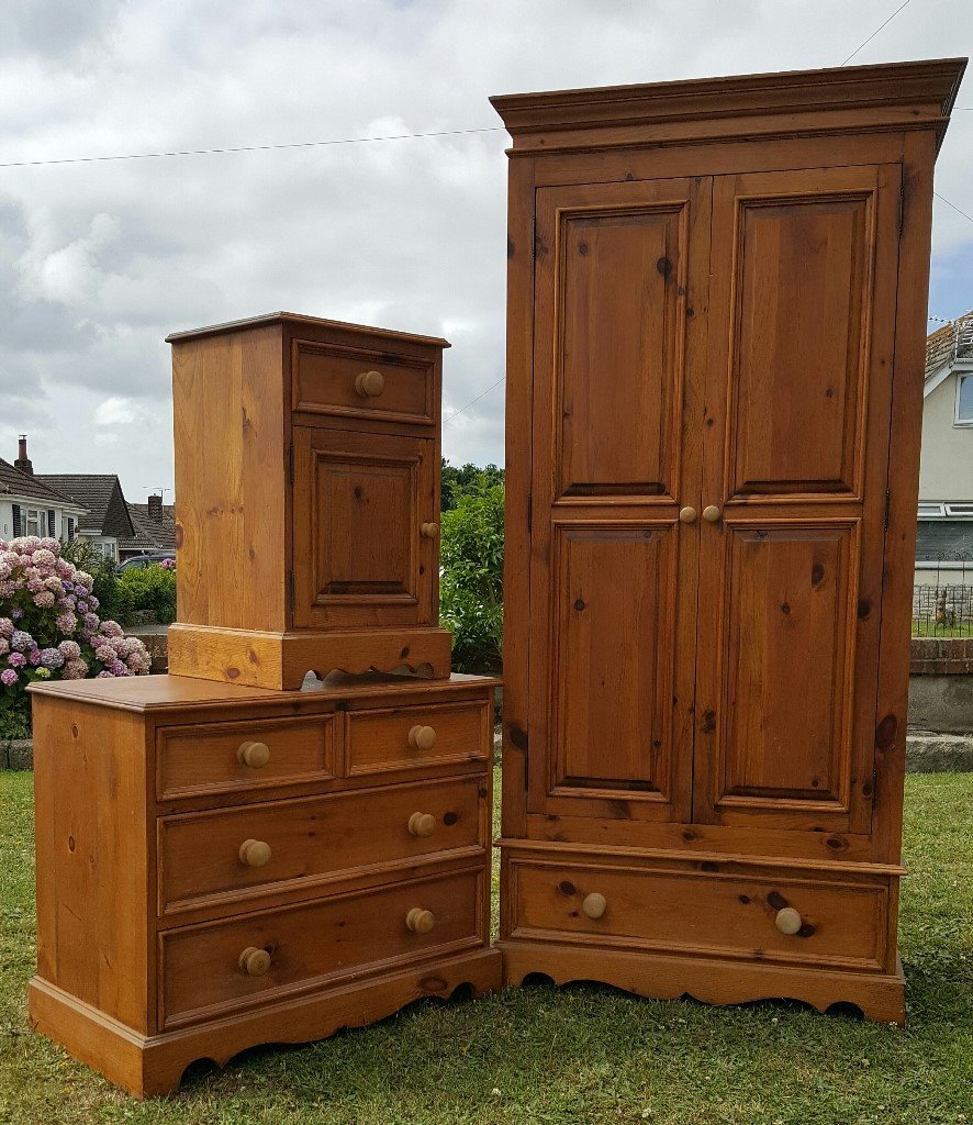 Hand made antique effect pine wardrobe, chest of drawers & bedside