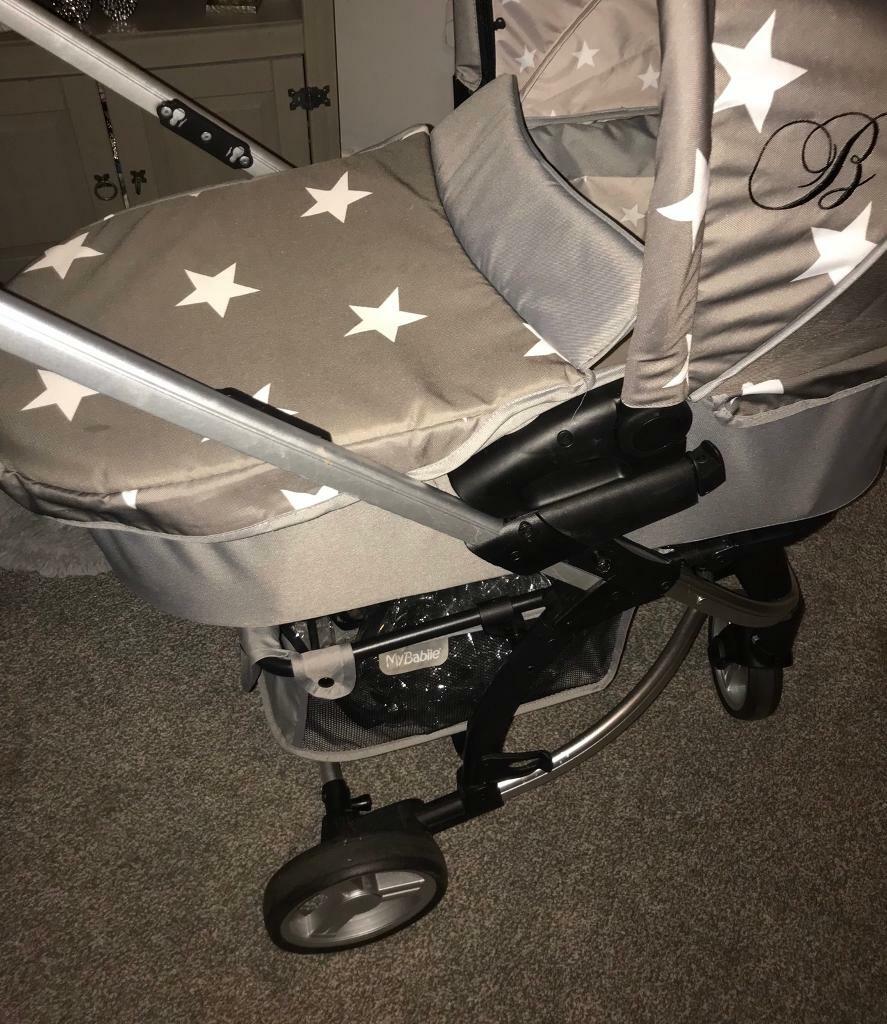 My Babiie Grey & white stars carrycot pram with raincover in