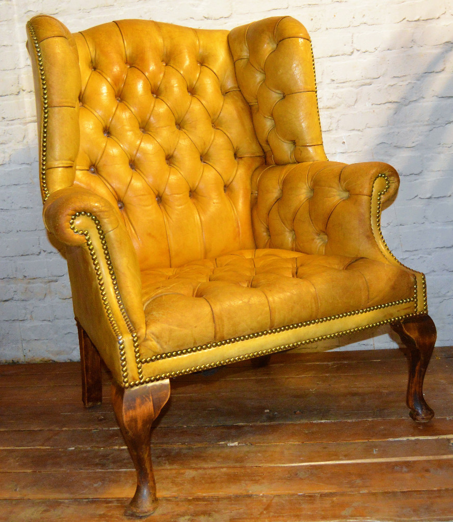 Chesterfield yellow Queen Anne wingback armchair vintage chairs leather