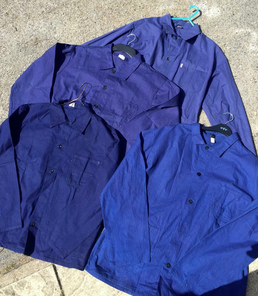 70s herringbone French work jacket 鬼fade 60s Style Mid Blue French Workwear Chore Jacket - Washed