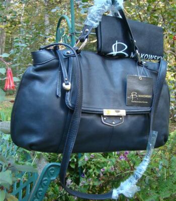 NEW B Makowsky BLACK Lombard Satchel & Crossbody Bag, Leather Goldtone MSRP $298