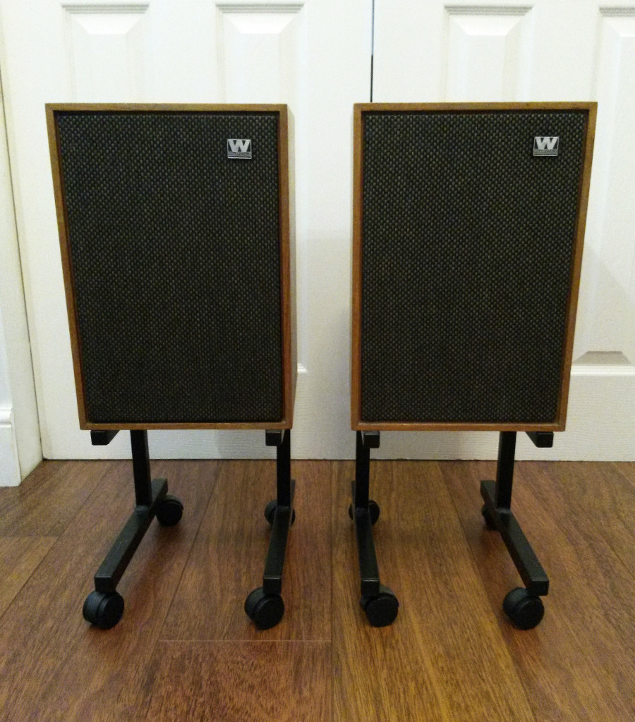 Pair of Wharfedale Denton 2 bookshelf speakers, including stands in