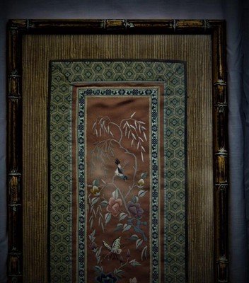 Oriental Japanese Silk Tapestry Birds & Flowers Antique Framed Embroidered