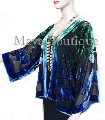 Pre-owned Maya Matazaro Silk Velvet Jacket Short Kimono No Fringe Hand Dyed Green Blue