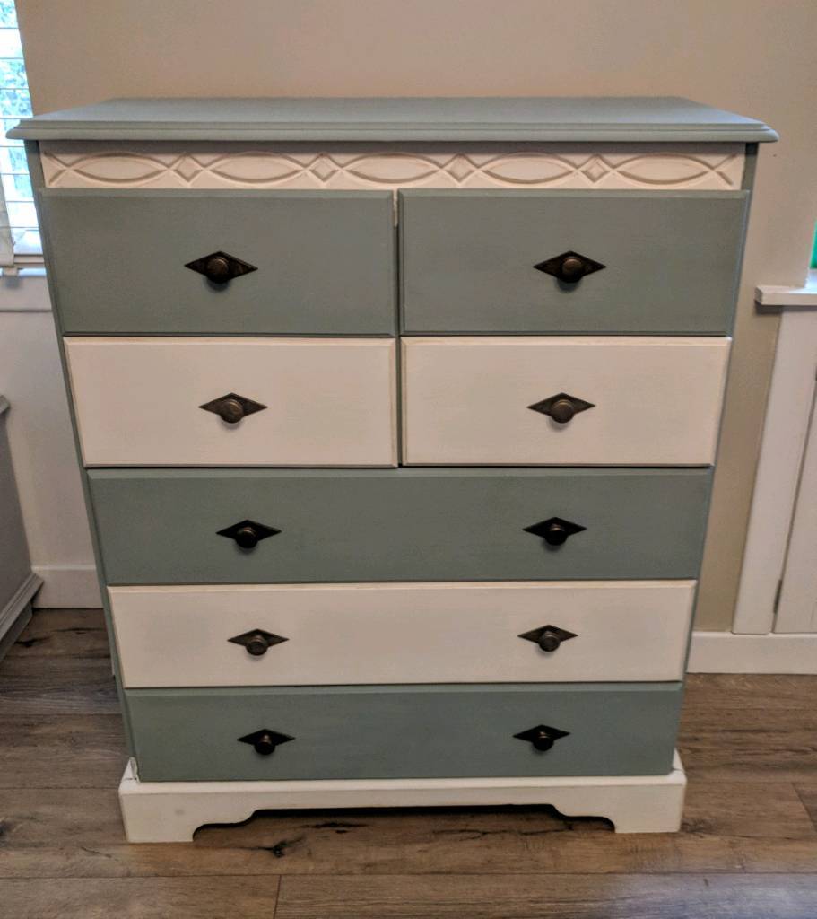 Duck Egg Blue and Antique White Chest of Drawers / Dresser in