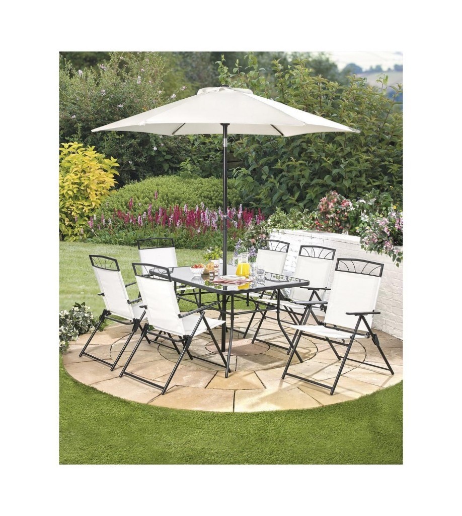 Brand New Kent 8Piece Garden Outdoor 6 Chairs Glass Table with Tilt Parasol Patio Set Cream