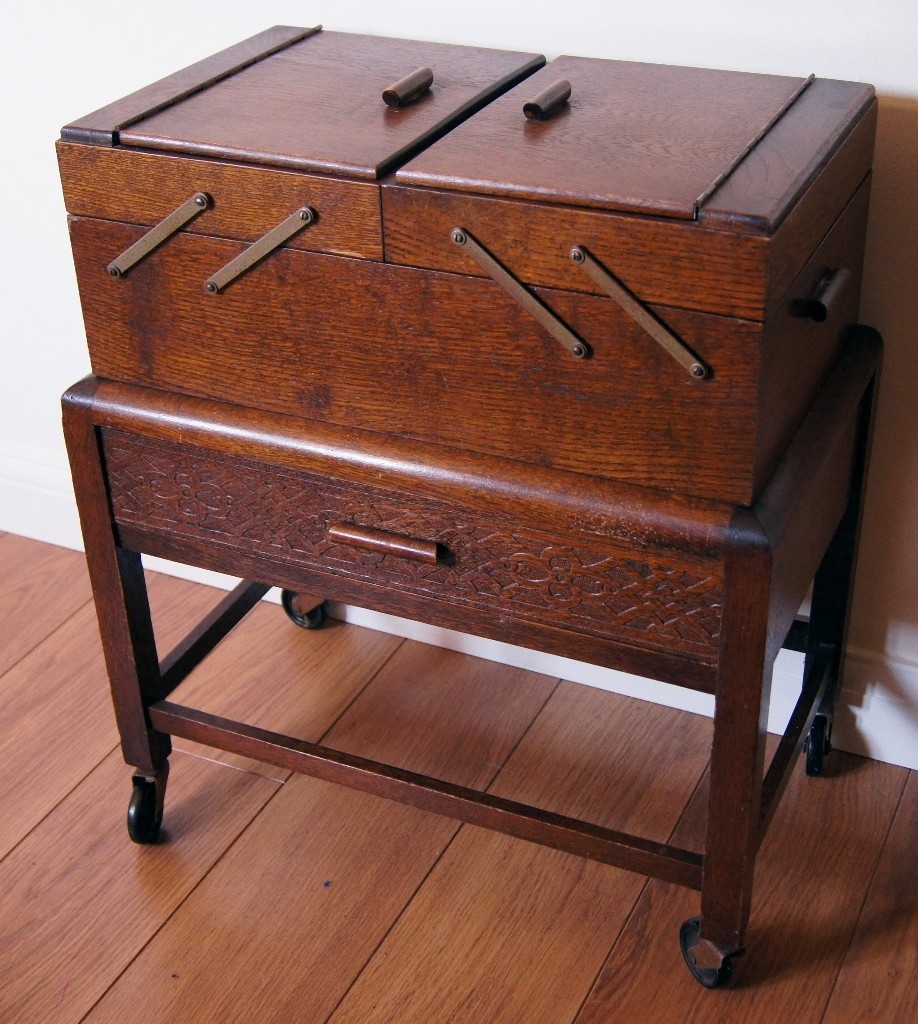 Vintage Cantilever Wooden Sewing Box On Wheels with Drawer Circa 1930/
