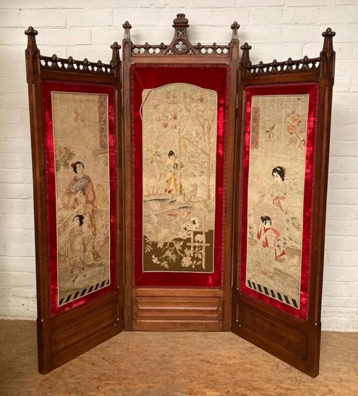 ARRIVES MARCH 2024 French Antique Gothic/Asian Privacy Screen with Needlepoint