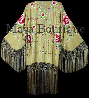 Pre-owned Maya Matazaro Gold Beige Silk Embroidered Fringe Jacket Flamenco Kimono Multi