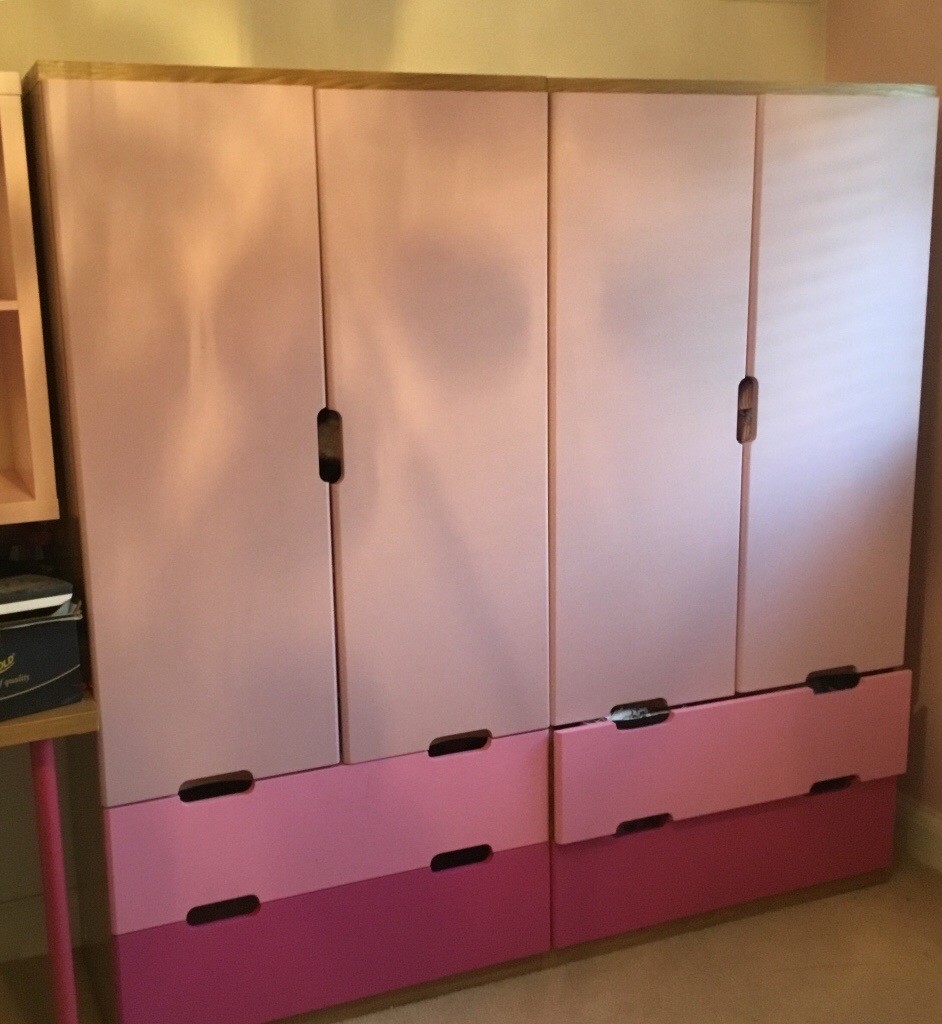 4 Piece Set Of Kids Pink And Oak Bedroom Furniture Wardrobes Bed